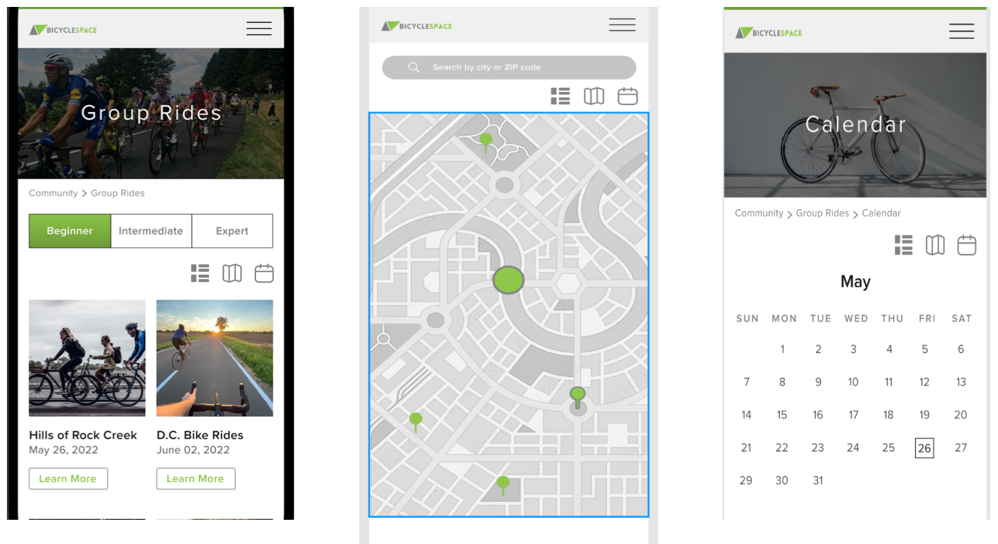 Group ride filter, map and calendar view