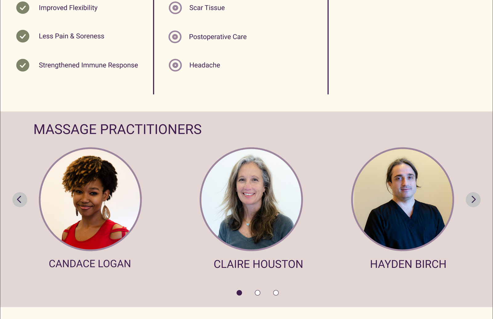 Practitioner carousel on a service page