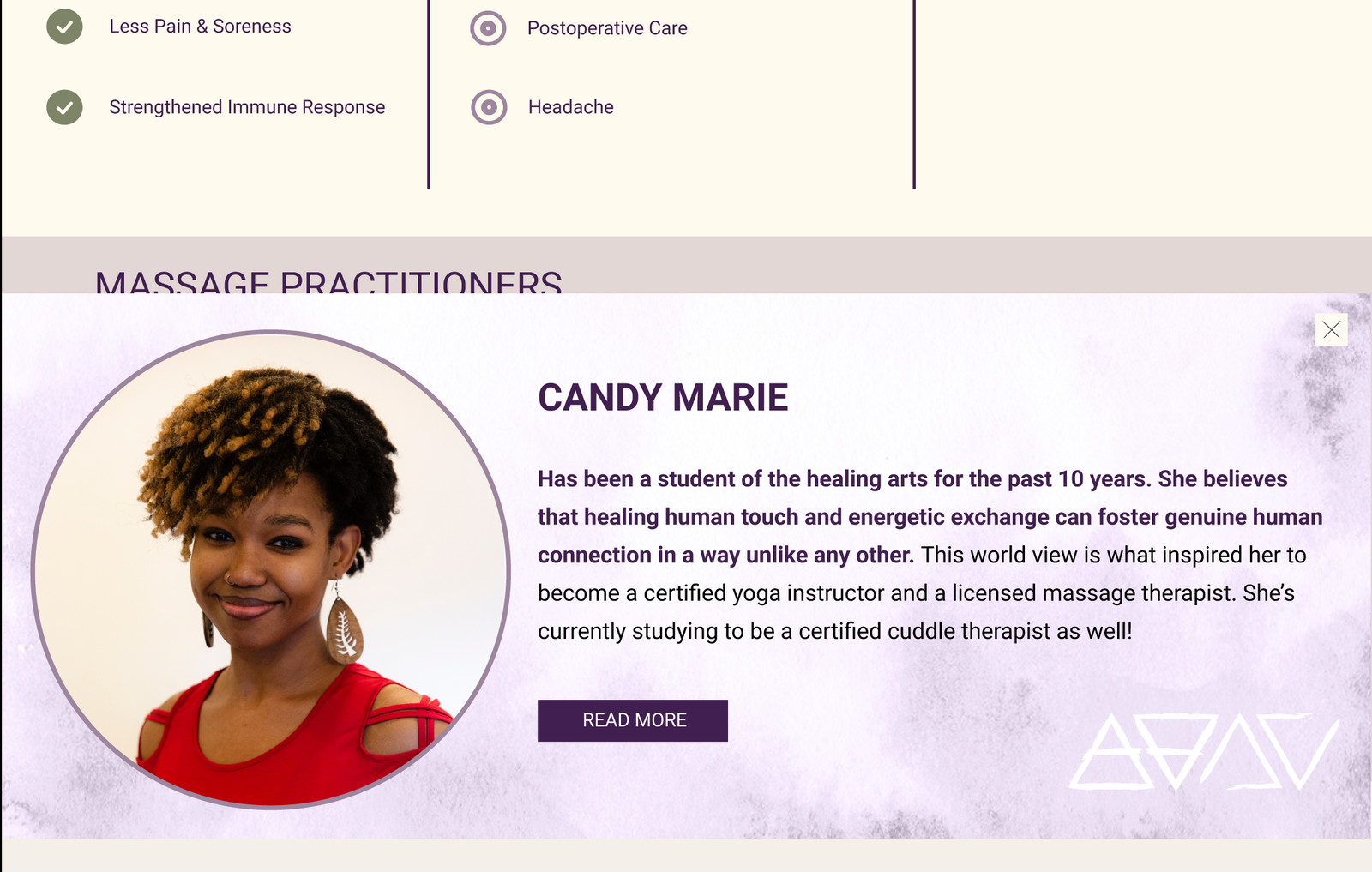 Practitioner overlay with a short bio and Read More link
