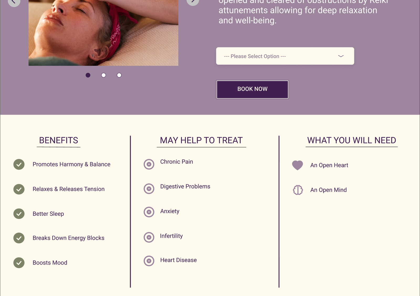 Service page with columns of additional details and benefits