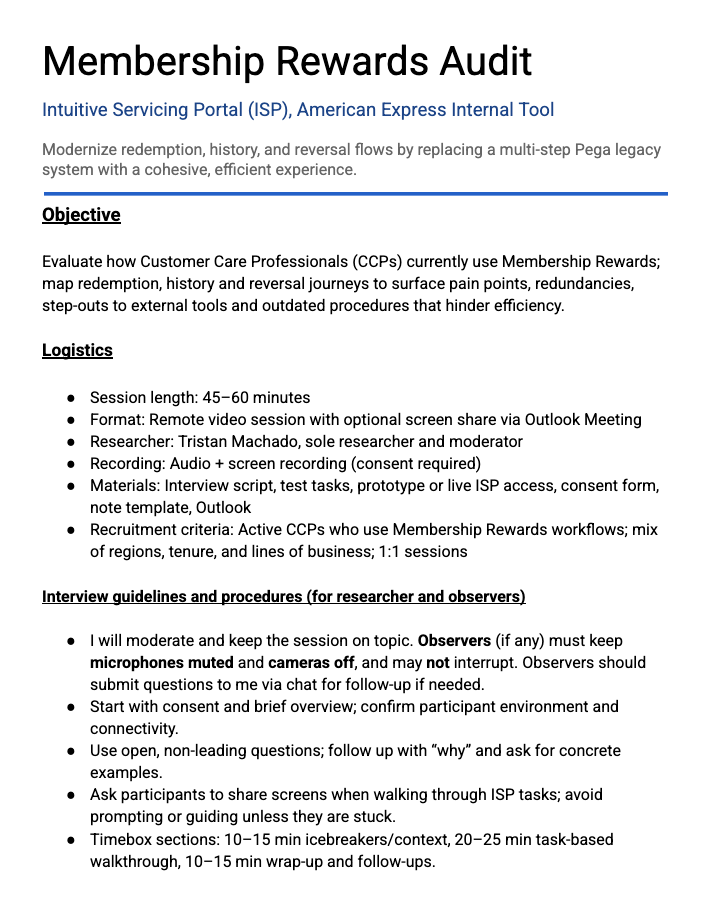 First page of the Membership Rewards Audit interview guide