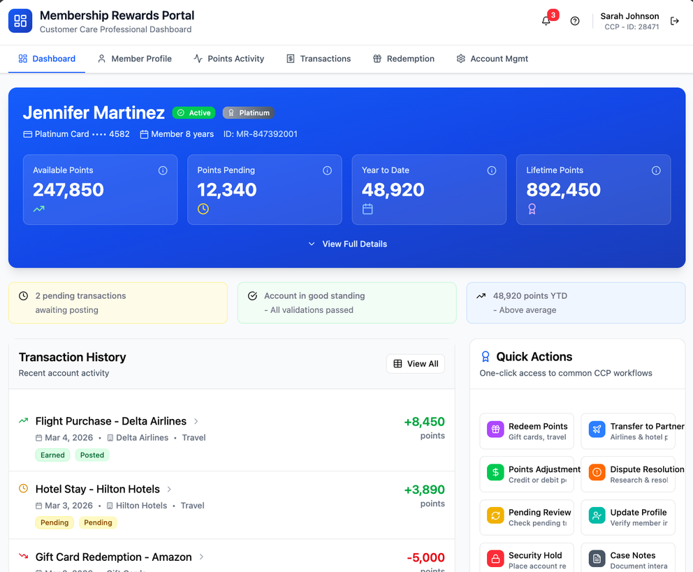 Research-driven prototype of the recommended Membership Rewards dashboard, generated with Figma Make.