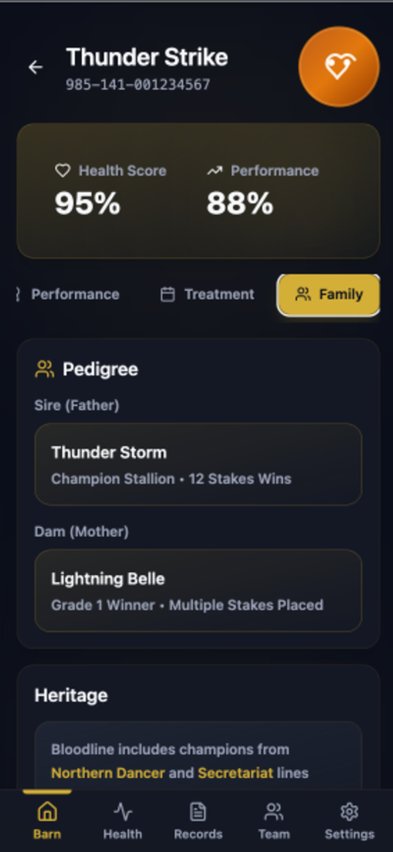 Family tab showing the sire, dam and heritage of the horse