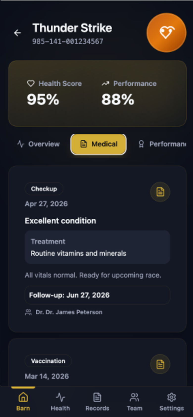 Medical tab with a checkup and vaccination record, diagnosis, treatment and follow-up date