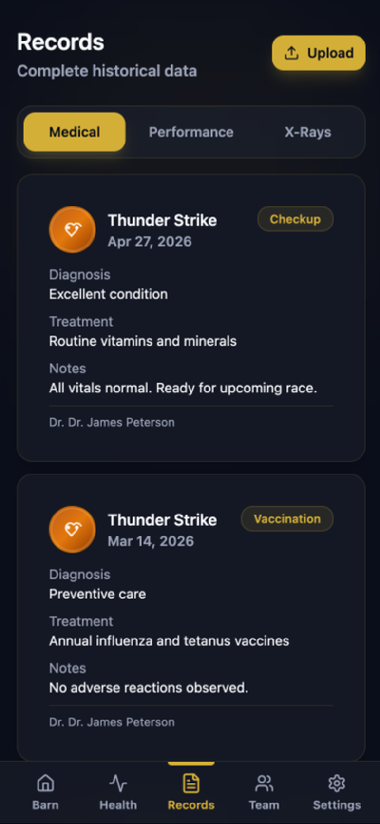 Records screen with medical, performance and X-ray filters and an upload button