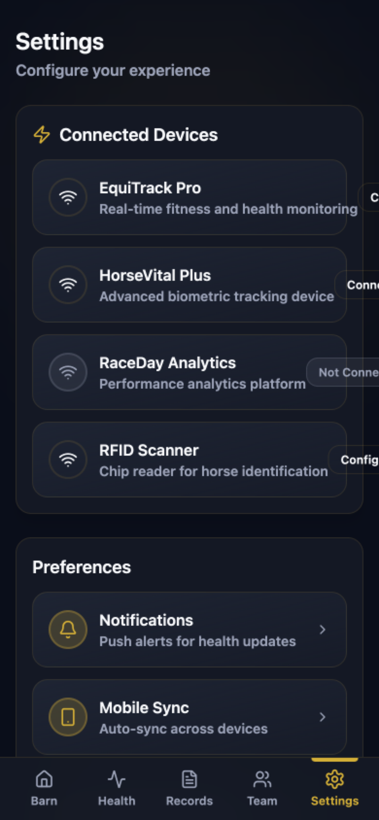 Settings screen listing connected devices and preferences