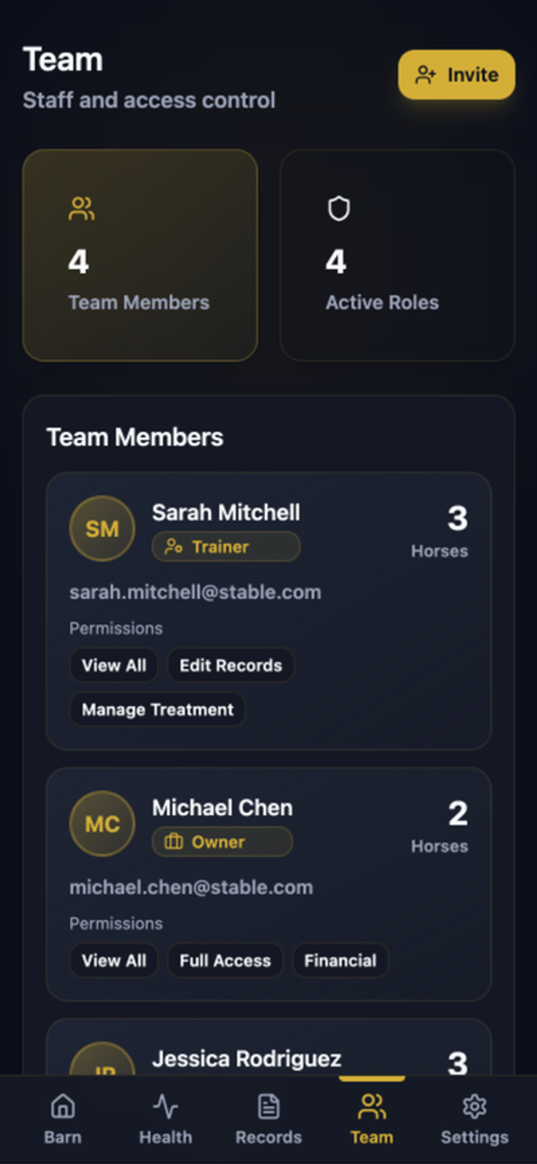 Team screen listing staff with roles and permission chips