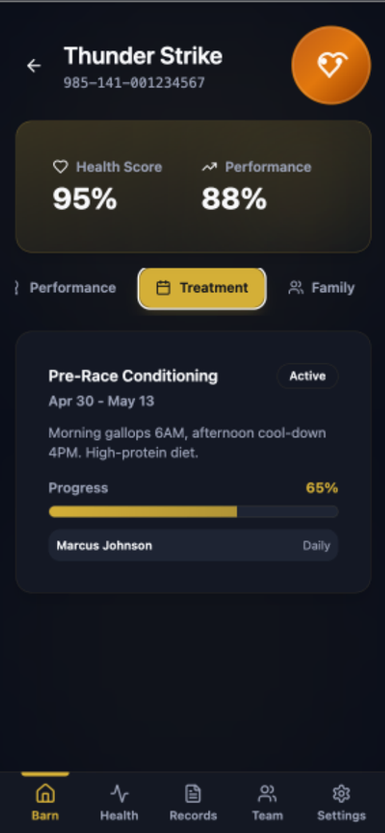Treatment tab showing a pre-race conditioning plan with progress and the assigned foreman